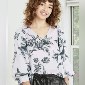 A New Day Women’s V-Neck Cropped Floral Print Bishop Top lavender size XS